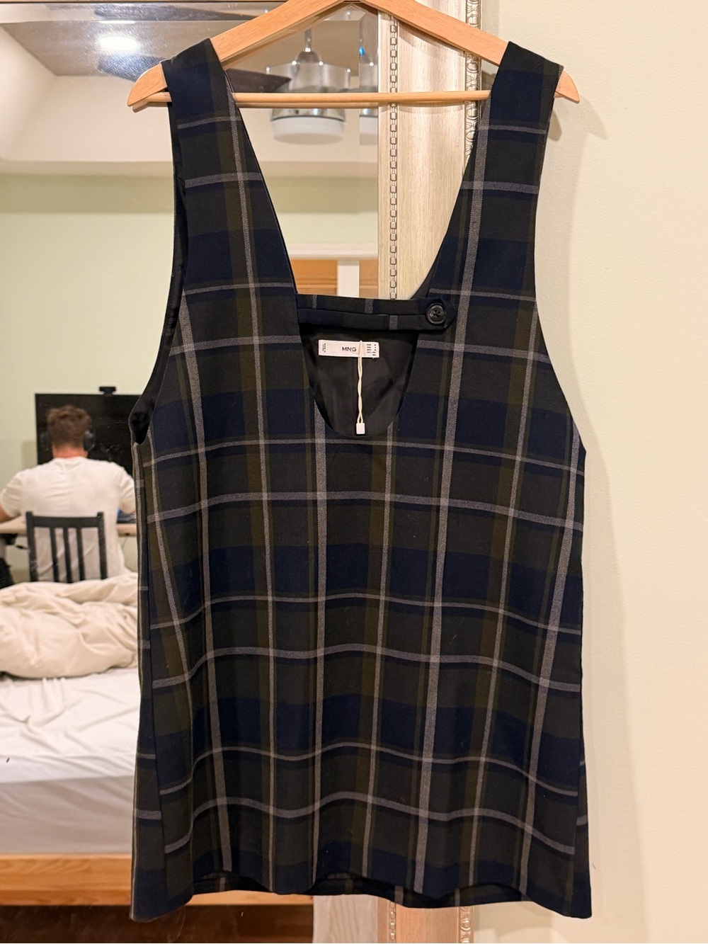 Mango Navy and Olive Plaid Sleeveless V-Neck Tunic